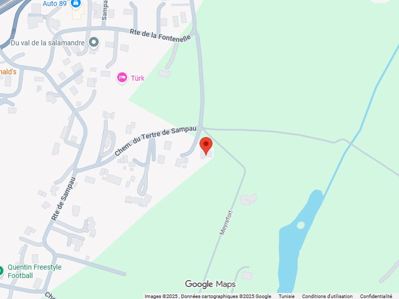 Carte : Chemin du Tertre de Sampau et Rte de la Fontenelle Carte Google localisant un point rouge à l'intersection du Chemin du Tertre de Sampau et de la Rte de la Fontenelle, près de Meyrefort.