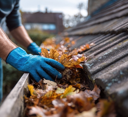 Mains gantées de bleu retirant des feuilles d'automne mortes et sèches d'une gouttière en mauvais état, près d'un toit en tuiles.