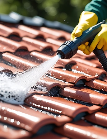 Nettoyage haute pression de tuiles de toit en terre cuite par des mains gantées de jaune, révélant leur couleur rouge-brun.